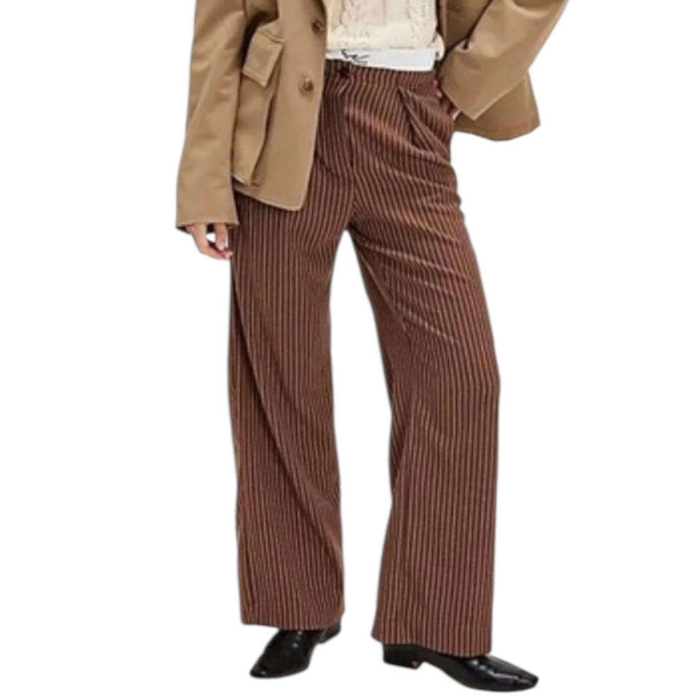 Free People Tyler Menswear Trousers Brown Pinstripe High Rise Tailored L NWOT